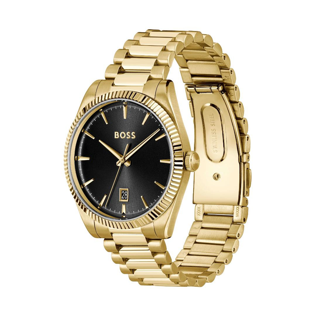 A gold-tone stainless steel watch with a black dial and a matching gold-tone link bracelet, shown on a plain white background. The BOSS logo is visible on the dial.