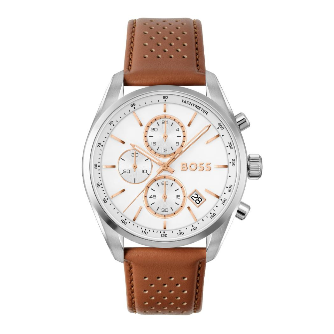 A Hugo Boss chronograph watch with a silver-tone stainless steel case, a white dial with rose gold accents, and a brown perforated leather strap, shown against a plain white background.