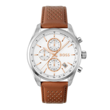 A Hugo Boss chronograph watch with a silver-tone stainless steel case, a white dial with rose gold accents, and a brown perforated leather strap, shown against a plain white background.