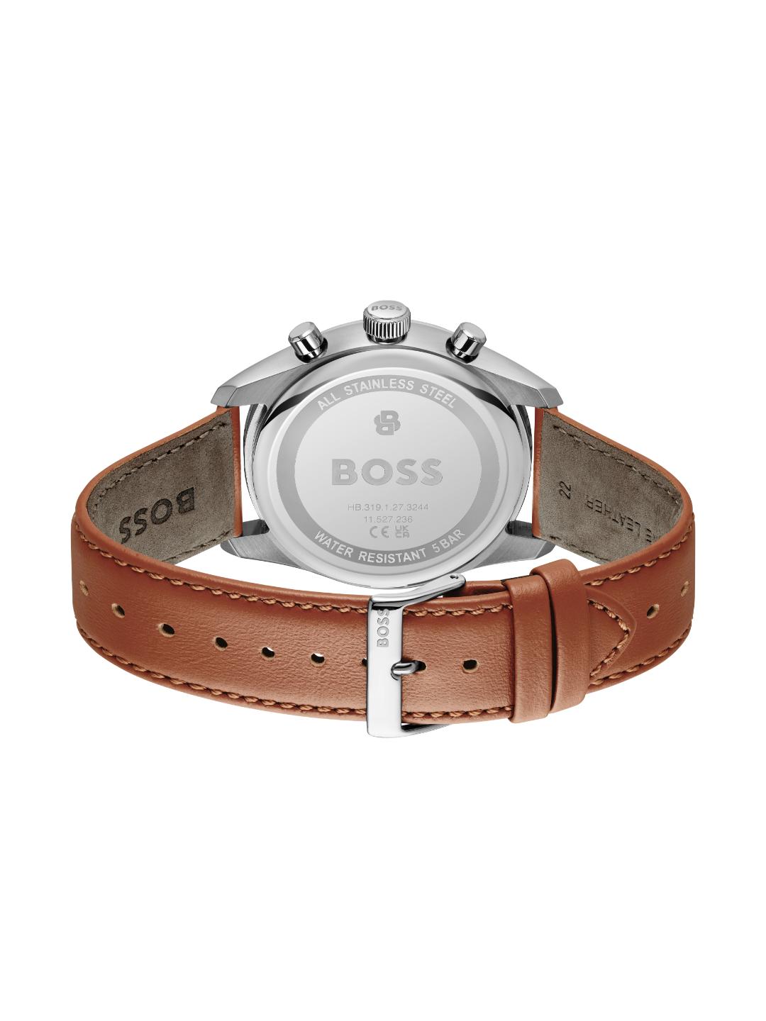 The back view of a Hugo Boss watch with a brown leather strap and a silver stainless steel case, showing the branded metal case back and inner strap details on a white background.