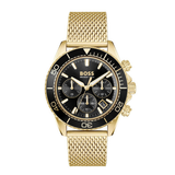 A Hugo Boss men's watch featuring a gold-tone stainless steel mesh bracelet, a gold-tone case, and a black dial with a black rotating bezel.