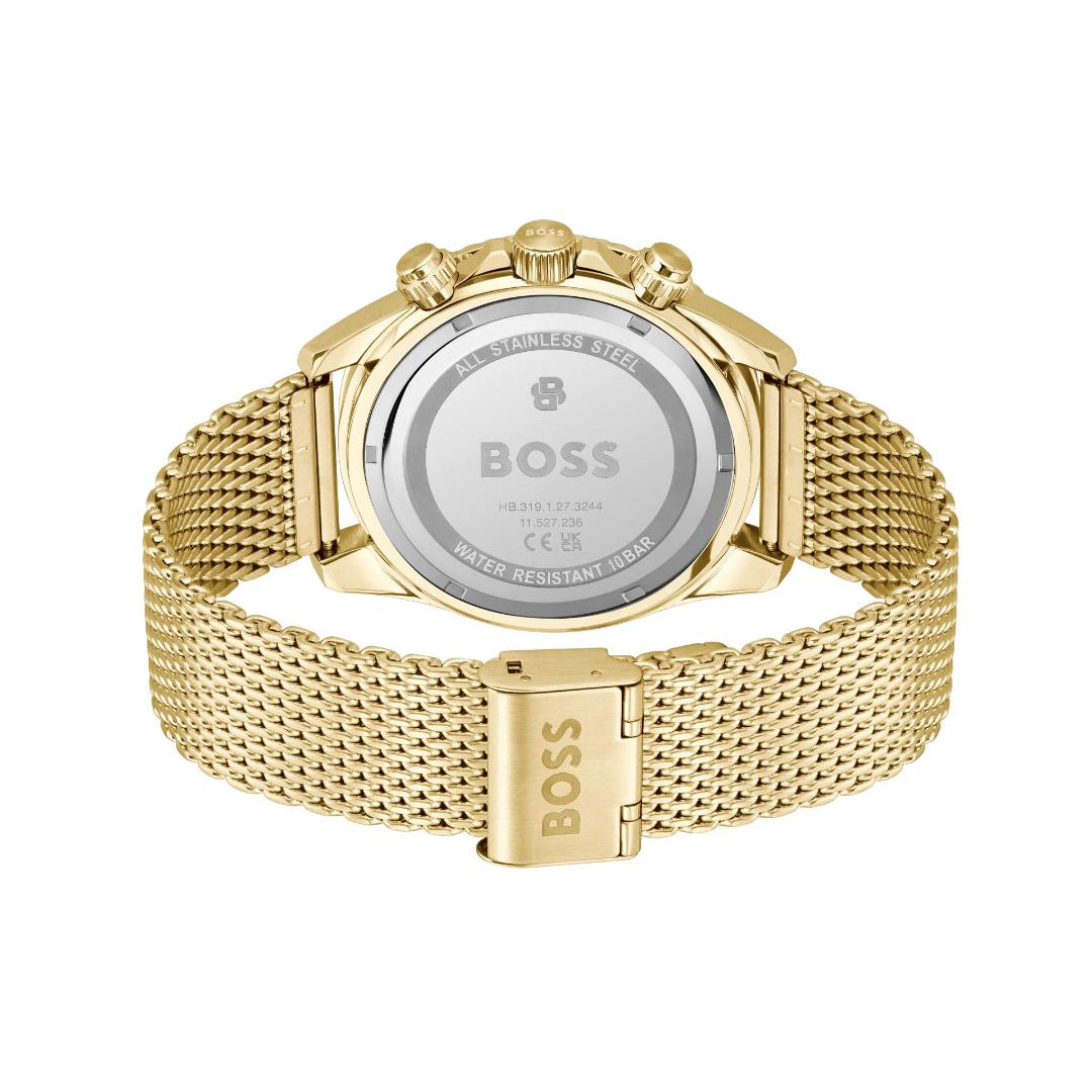 Gold-tone BOSS watch with a mesh metal band, shown from the back with the case and back cover visible against a white background.