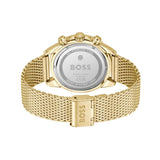 Gold-tone BOSS watch with a mesh metal band, shown from the back with the case and back cover visible against a white background.