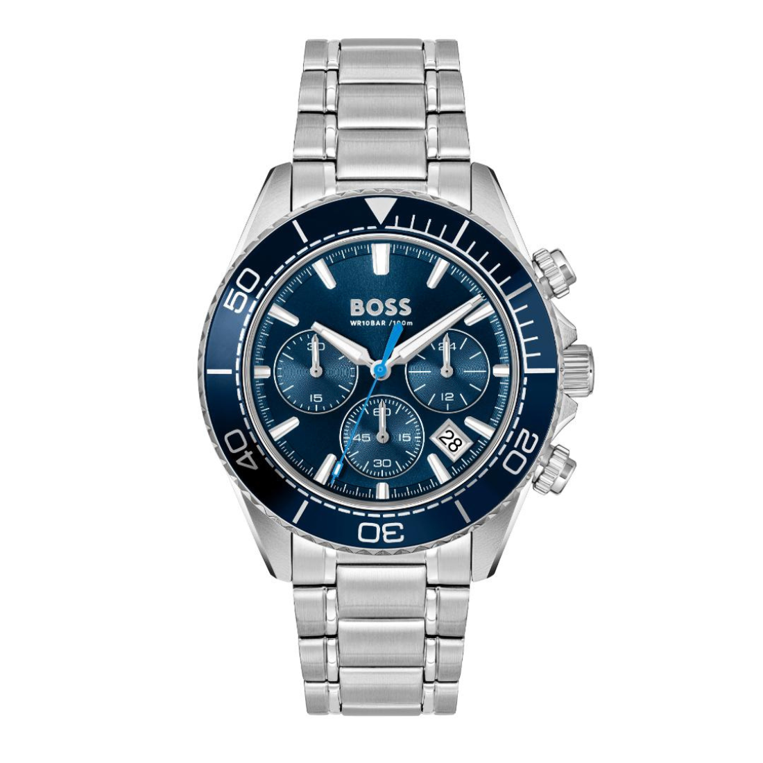 A Hugo Boss wristwatch with a stainless steel link bracelet, featuring a blue dial, blue bezel, and silver-toned case and crown.