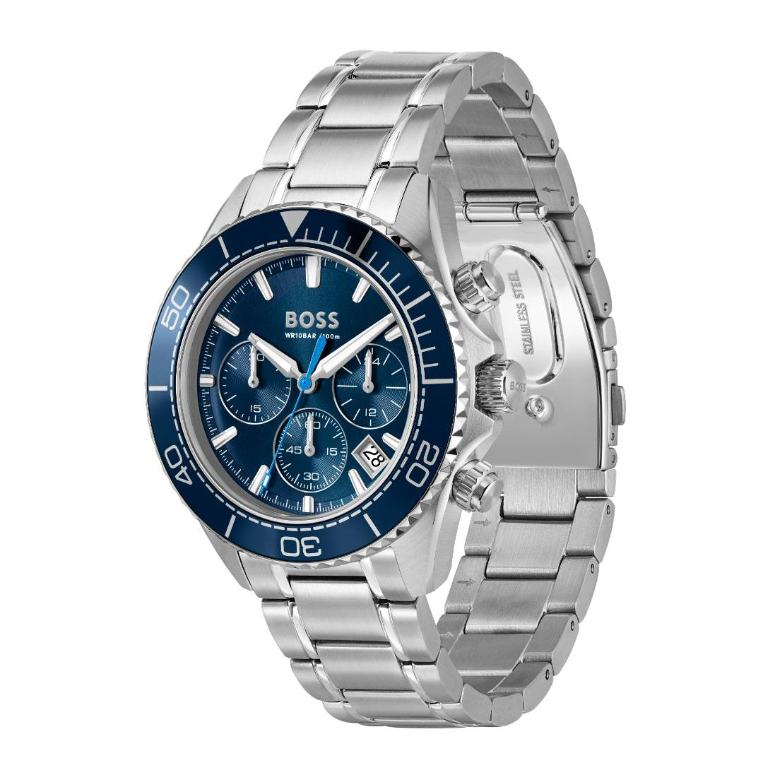 A Hugo Boss stainless steel chronograph watch with a blue dial and bezel, displayed on a clean white background.