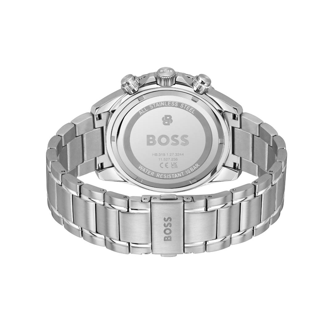 Silver stainless steel chronograph watch shown from the back, featuring a matching metal link bracelet, a clear case back with BOSS branding, and two pushers on the crown guard, set against a plain white background.