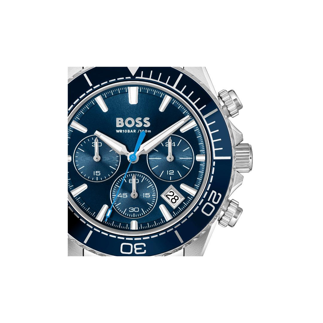 BOSS wristwatch with a dark blue dial, blue subdials, a blue tachymeter bezel, and a silver-tone stainless steel case.