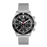 Hugo Boss wrist watch with a silver stainless steel mesh bracelet, a black dial, and a black rotating bezel with white markings.