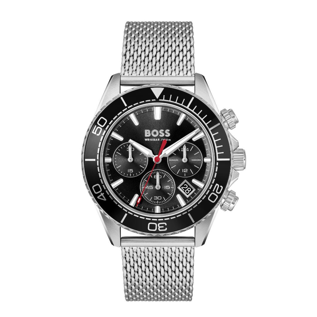 Hugo Boss wrist watch with a silver stainless steel mesh bracelet, a black dial, and a black rotating bezel with white markings.