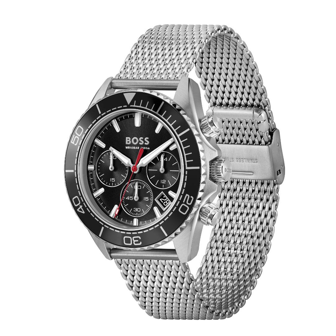 Hugo Boss men's chronograph watch with a silver stainless steel mesh bracelet, black dial, and black bezel with white markings.