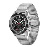 Hugo Boss men's chronograph watch with a silver stainless steel mesh bracelet, black dial, and black bezel with white markings.