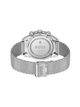 Silver stainless steel chronograph watch shown from the back, featuring a mesh metal strap, a silver case, and a clear back cover with BOSS branding.