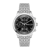 A Hugo Boss men's analog watch with a silver stainless steel link bracelet, a silver case, and a black dial featuring three subdials and a date window.