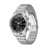 A Hugo Boss men's analog watch with a silver stainless steel link bracelet, a round silver case, and a black dial featuring three subdials and a day/date window.