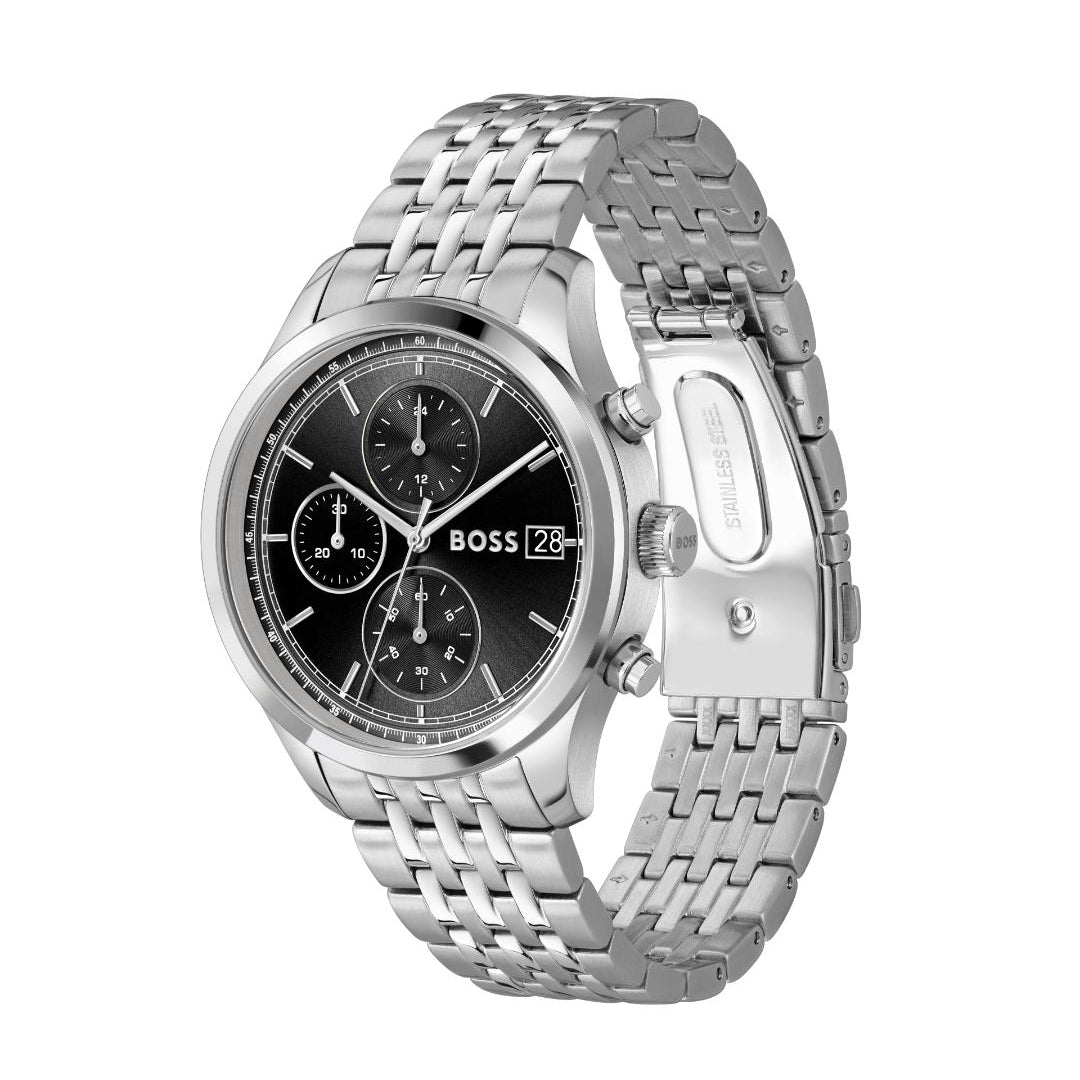 A Hugo Boss men's analog watch with a silver stainless steel link bracelet, a round silver case, and a black dial featuring three subdials and a day/date window.