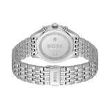 Silver stainless steel watch shown from the back, featuring a matching metal link bracelet, a crown and pushers on the case, and the BOSS logo engraved on the back cover and bracelet clasp, set against a plain white background.