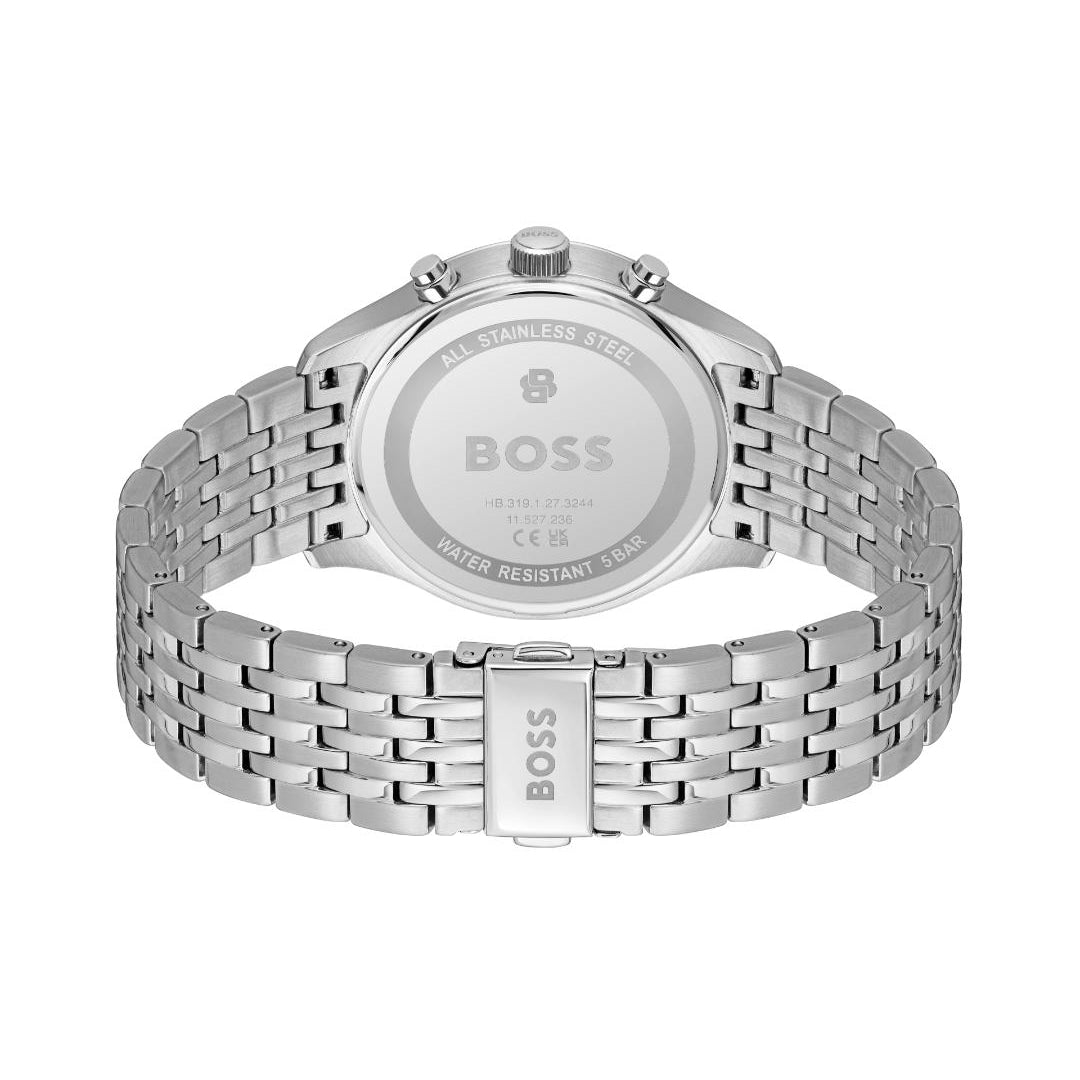 Silver stainless steel watch shown from the back, featuring a matching metal link bracelet, a crown and pushers on the case, and the BOSS logo engraved on the back cover and bracelet clasp, set against a plain white background.