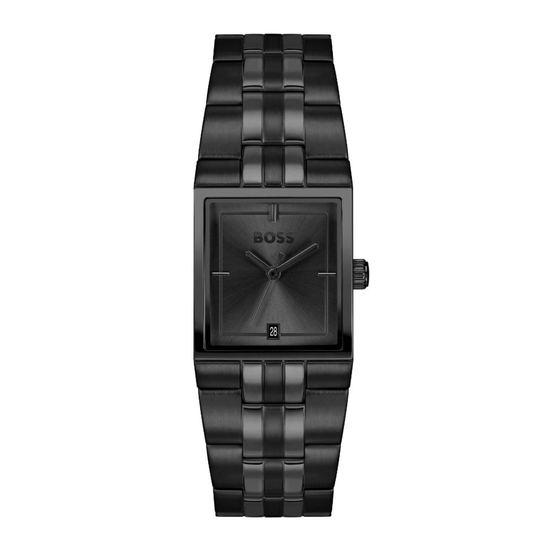 A Hugo Boss analog watch with a black rectangular case, black textured dial, and a matching black metal link bracelet, shown against a plain white background.