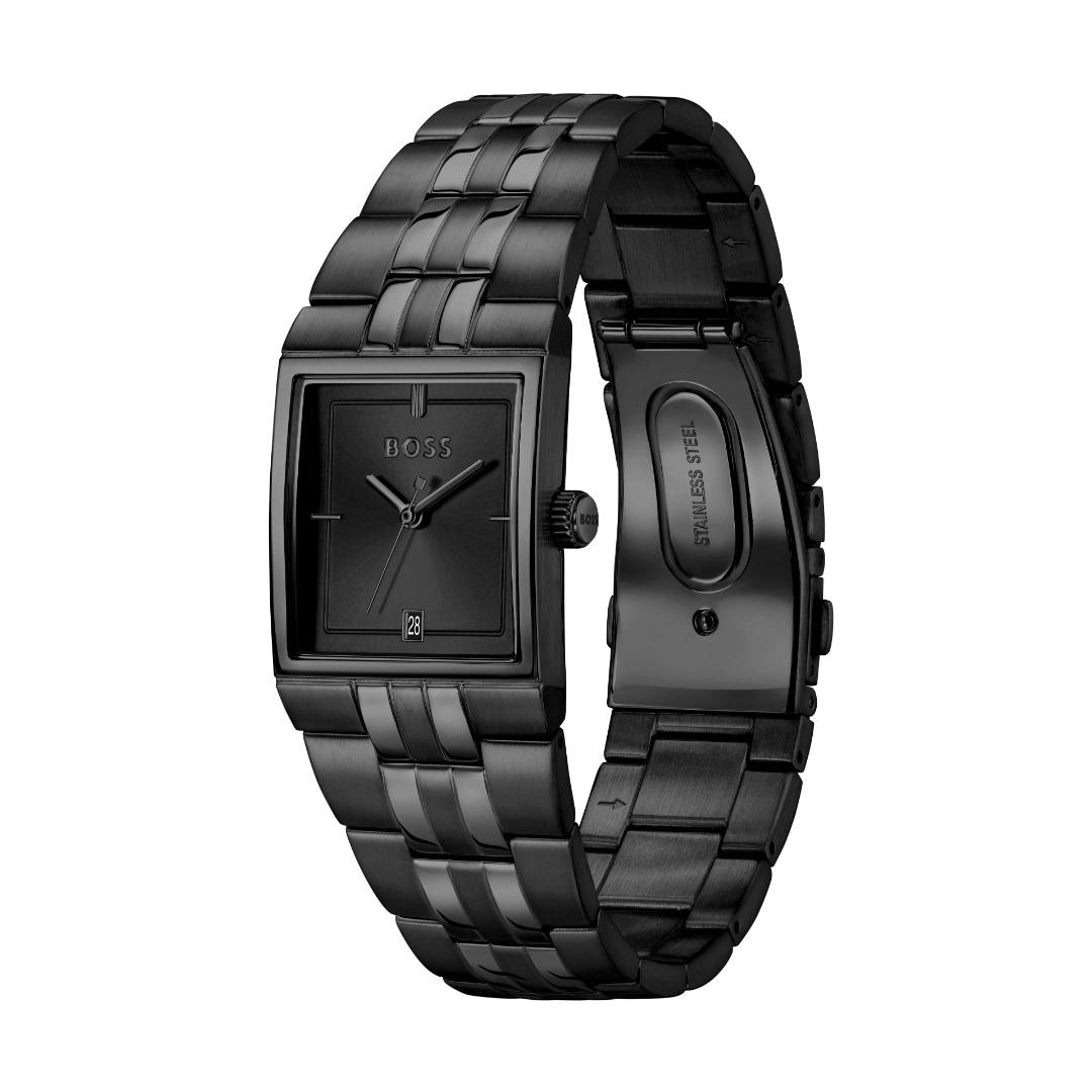 A Hugo Boss black stainless steel watch with a rectangular face, black dial, and matching black link bracelet, shown on a plain white background.