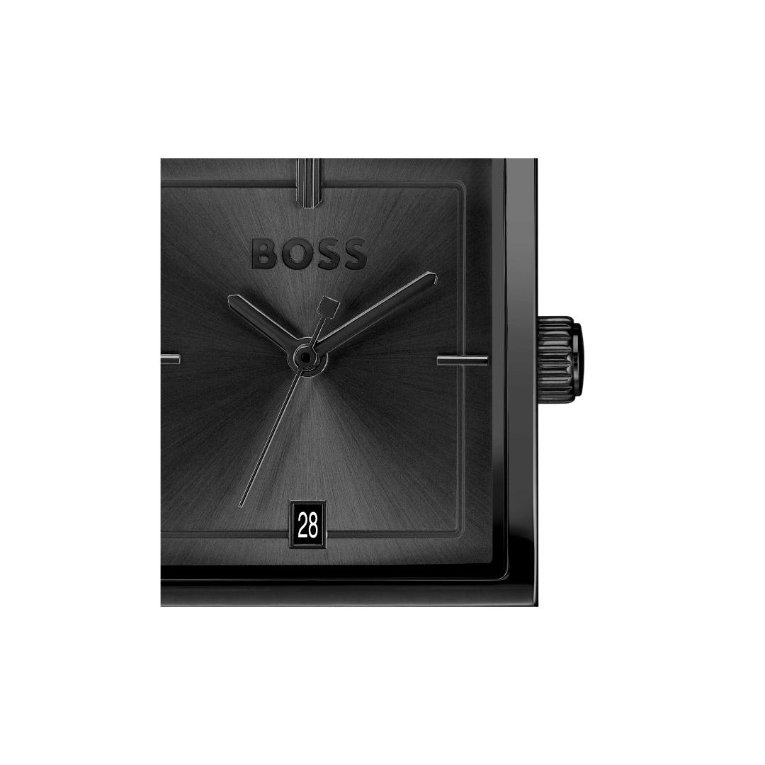A close-up of a BOSS watch with a black square dial, black hands, and a black side crown, shown against a plain white background.