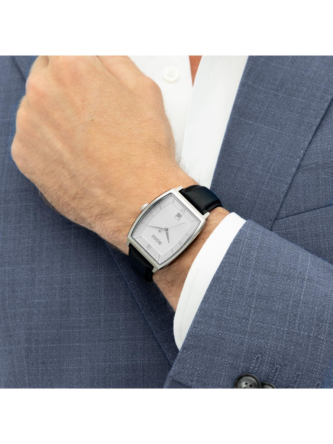 Boss Principle Qtz Basic Calendar Silver White Tonneau Dial Men's Watch 1514351