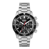 A Hugo Boss stainless steel chronograph watch with a black dial, black bezel, silver-tone metal case and link bracelet, featuring a red second hand.