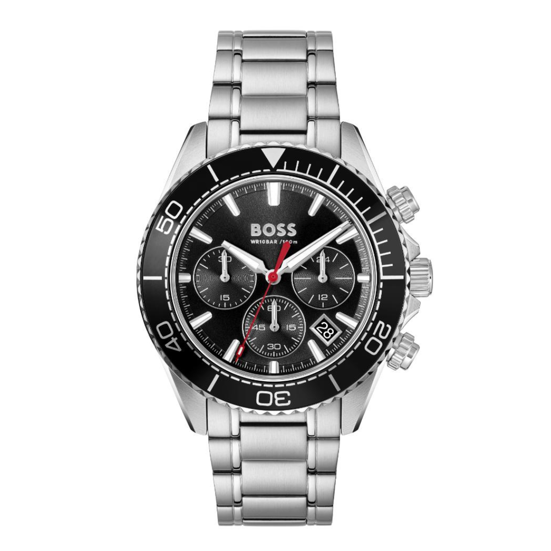 A Hugo Boss stainless steel chronograph watch with a black dial, black bezel, silver-tone metal case and link bracelet, featuring a red second hand.