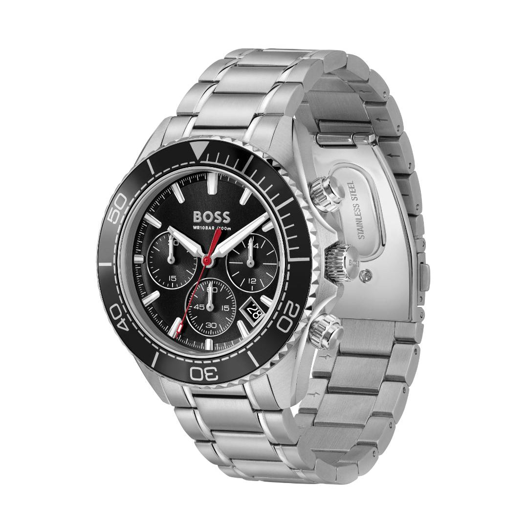 A Hugo Boss stainless steel chronograph watch with a black dial, black bezel, and silver-tone metal link bracelet, shown on a plain white background.