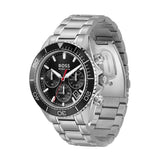 A Hugo Boss stainless steel chronograph watch with a black dial, black bezel, and silver-tone metal link bracelet, shown on a plain white background.