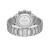 Silver stainless steel watch shown from the back, featuring a metal link bracelet, a round case, and a branded BOSS dial on the back cover.