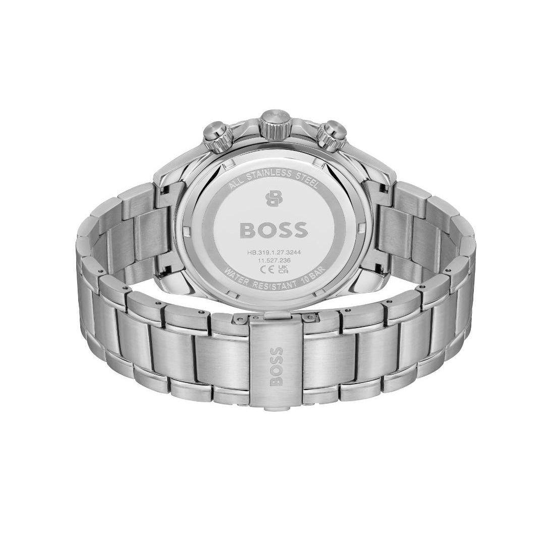 Silver stainless steel watch shown from the back, featuring a metal link bracelet, a round case, and a branded BOSS dial on the back cover.