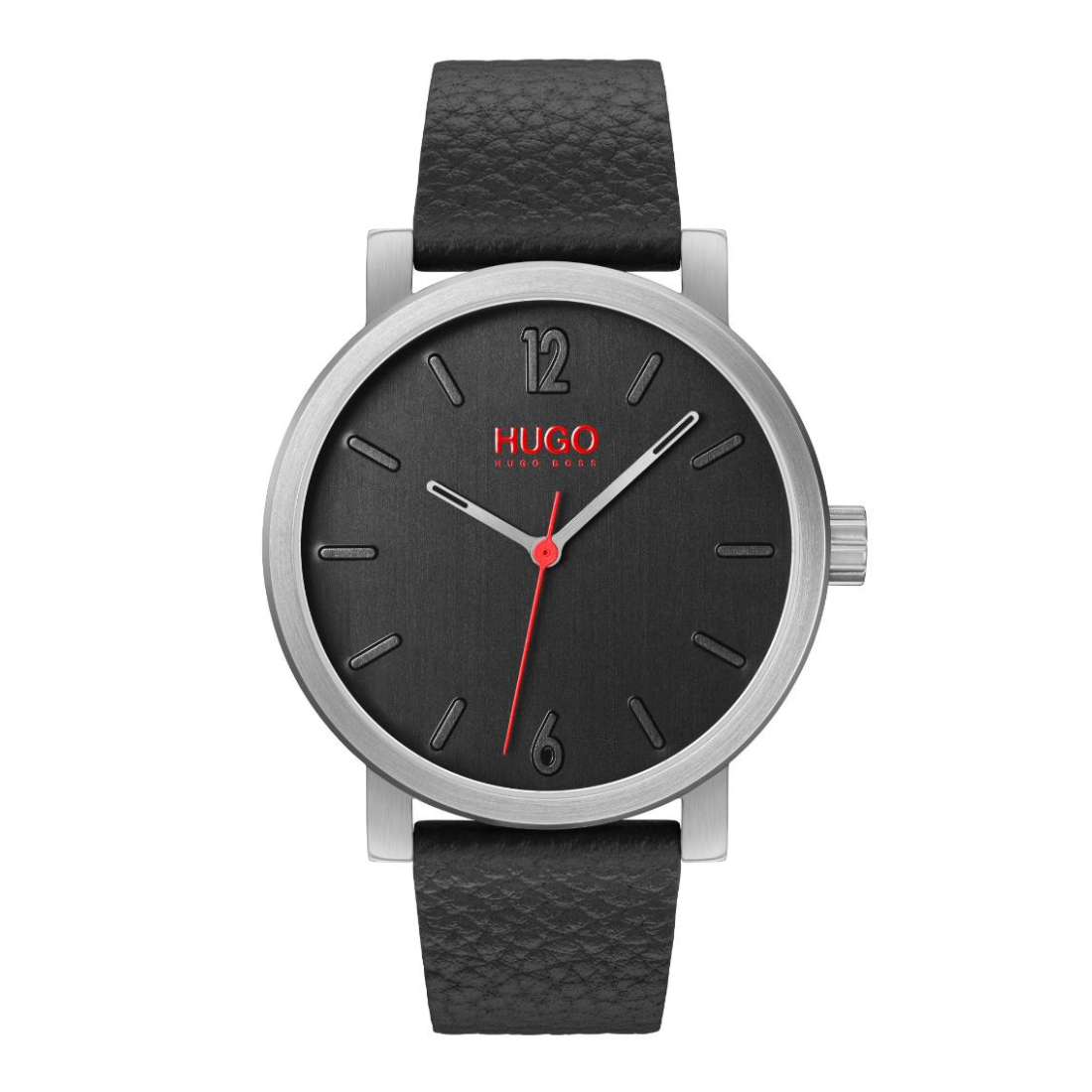 A Hugo watch with a black textured leather strap, a silver-toned metal case, and a black dial featuring a red HUGO logo and a red second hand.