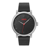 A Hugo watch with a black textured leather strap, a silver-toned metal case, and a black dial featuring a red HUGO logo and a red second hand.