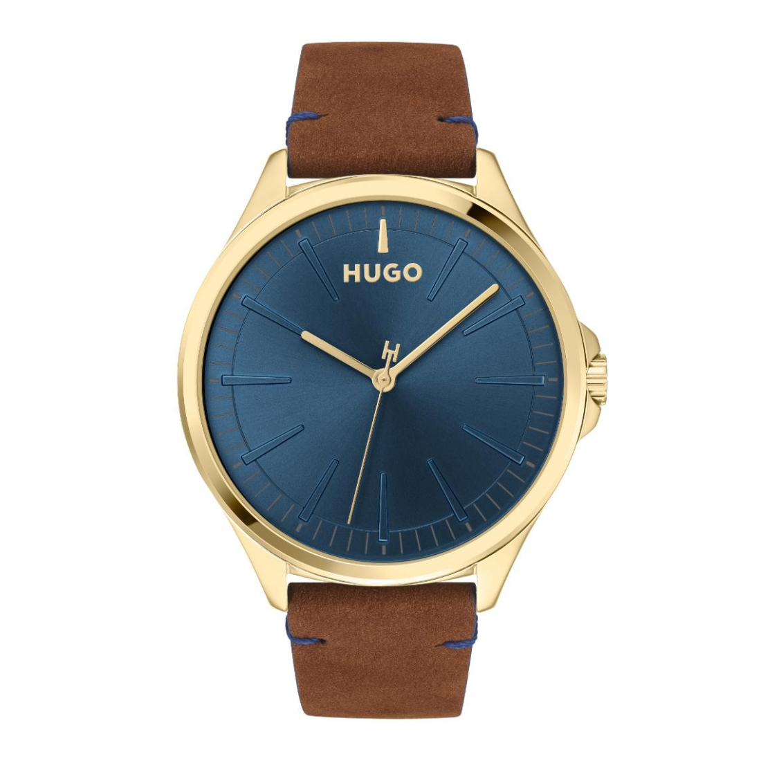 Hugo watch with a round gold-tone case, a textured blue dial, and a brown leather strap with visible blue stitching.