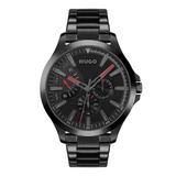 A Hugo brand men's analog watch with a black stainless steel link bracelet, a black textured dial, and red accents on the hands and subdials, shown against a plain white background.