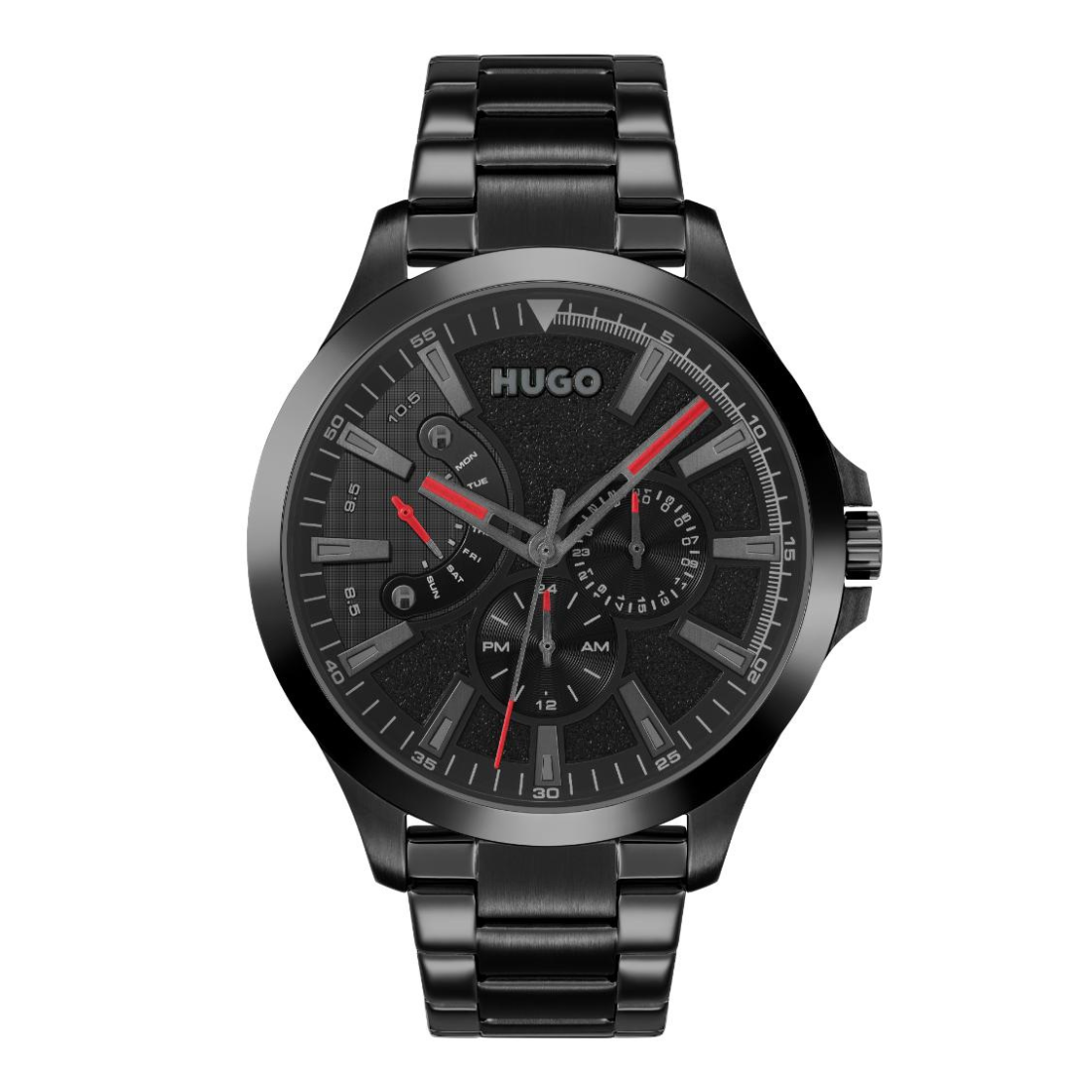 A Hugo brand men's analog watch with a black stainless steel link bracelet, a black textured dial, and red accents on the hands and subdials, shown against a plain white background.
