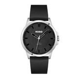 A Hugo watch with a black dial, silver-tone stainless steel case, and a black leather strap, shown against a plain white background.
