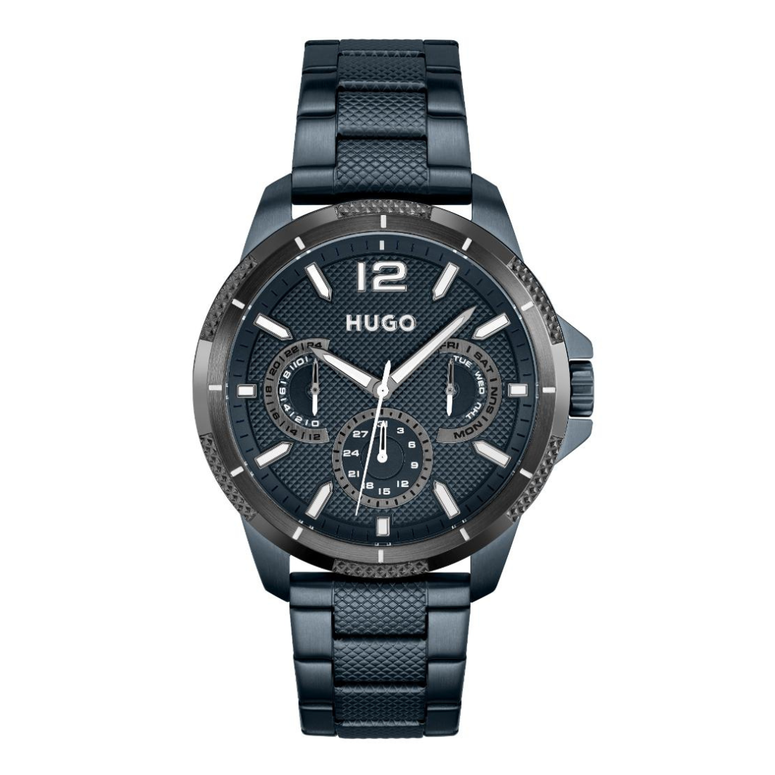 A Hugo men's analog watch with a dark textured metal case, a dark blue dial featuring three subdials, and a matching dark blue textured link bracelet, shown against a plain white background.