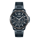 A Hugo men's analog watch with a dark textured metal case, a dark blue dial featuring three subdials, and a matching dark blue textured link bracelet, shown against a plain white background.