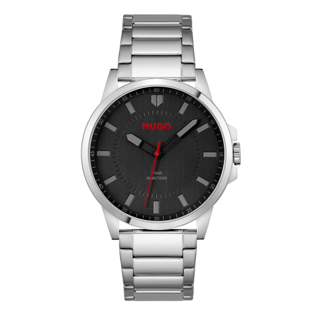A Hugo brand stainless steel wristwatch with a black dial, silver-tone metal case and link bracelet, featuring a red brand logo and red second hand.