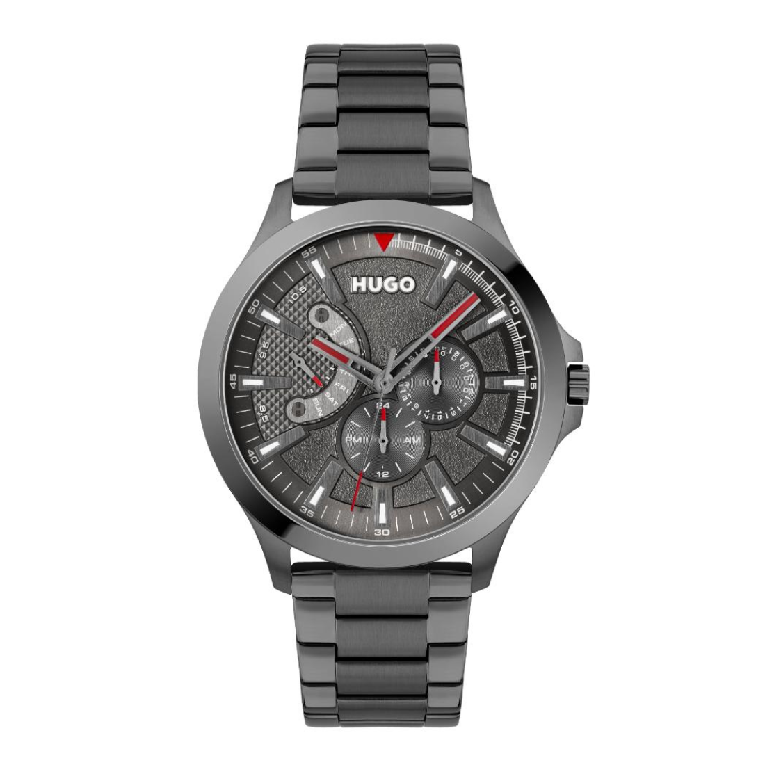 A Hugo men's analog watch with a dark gray and black metal case and link bracelet, featuring a textured gray dial with multiple sub-dials and red accents.