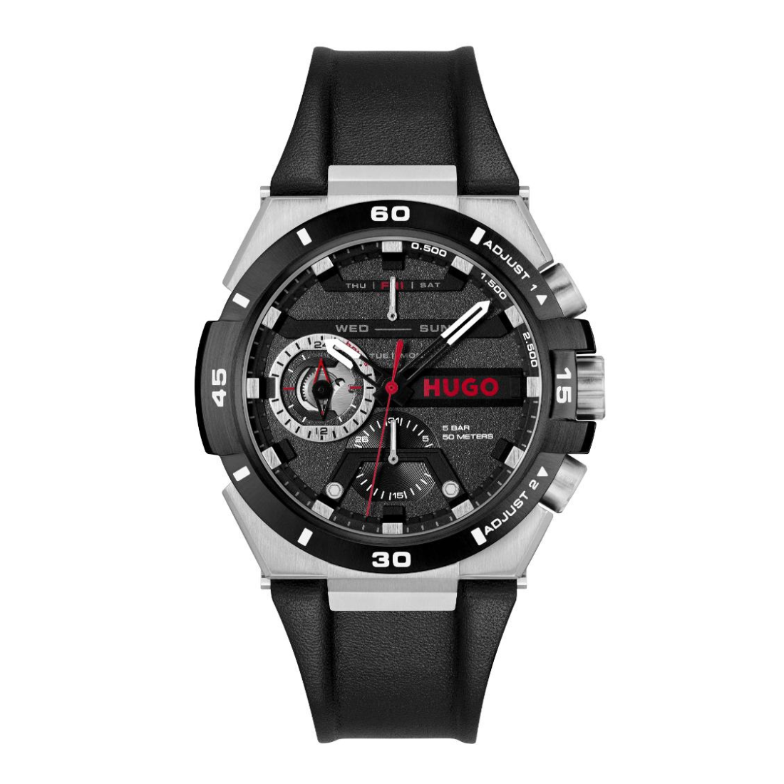 Hugo watch with a black dial, silver-tone case, and black strap, shown against a plain white background.