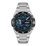 A Hugo brand stainless steel wristwatch with a blue and black dial, featuring a rotating black bezel and a matching steel link bracelet, shown against a plain white background.
