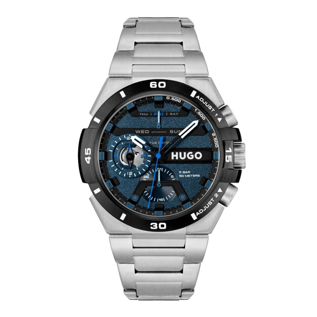 A Hugo brand stainless steel wristwatch with a blue and black dial, featuring a rotating black bezel and a matching steel link bracelet, shown against a plain white background.