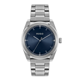 A Hugo stainless steel watch with a dark blue dial and a matching steel link bracelet, shown against a plain white background.