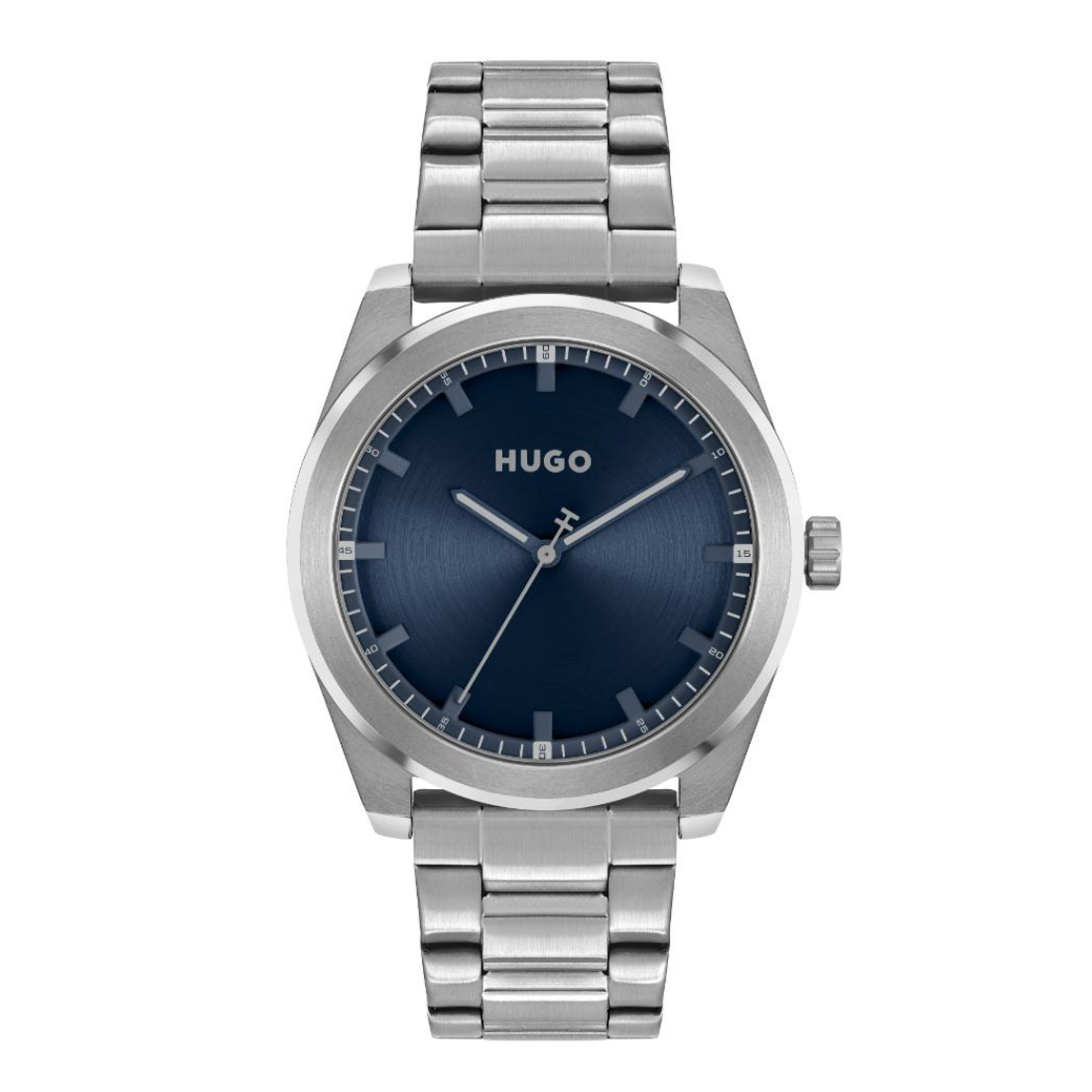 A Hugo stainless steel watch with a dark blue dial and a matching steel link bracelet, shown against a plain white background.