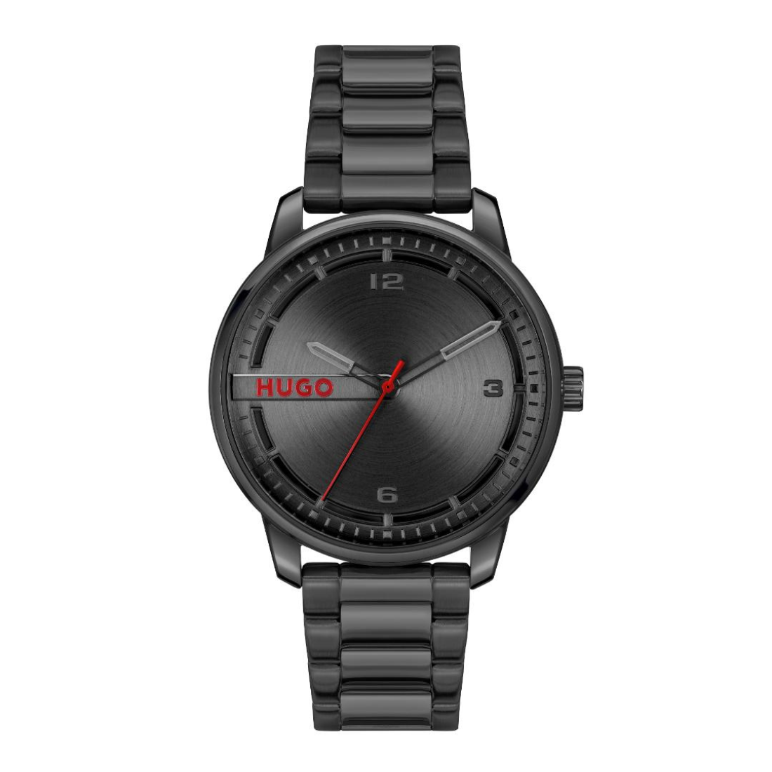 A black analog watch with a matching black metal link bracelet, featuring a dark gray textured dial, silver-tone hands, a red second hand, and a red HUGO logo on the dial.