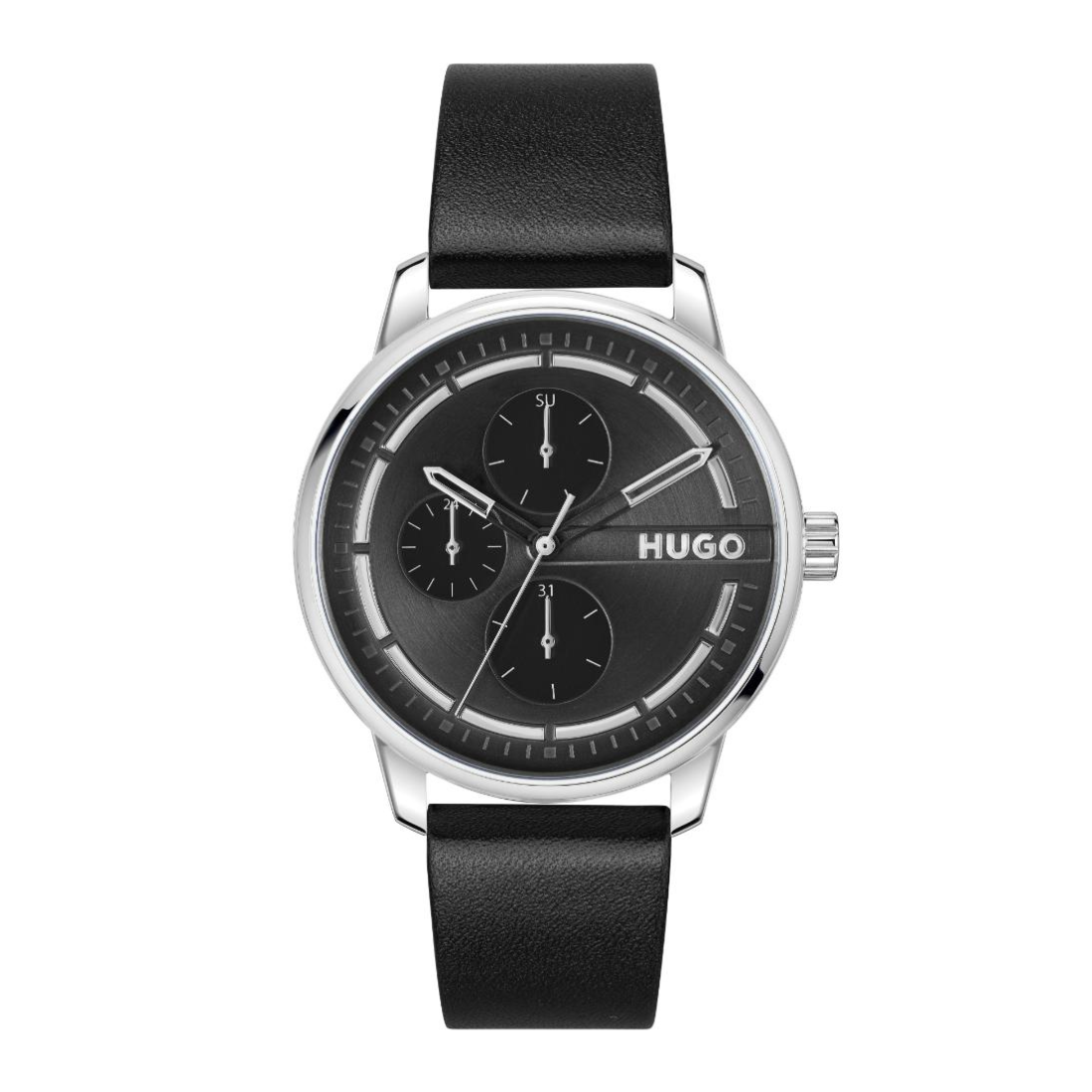A Hugo brand men's analog watch featuring a black dial with three sub-dials, silver-tone case, and a black leather strap, shown against a plain white background.