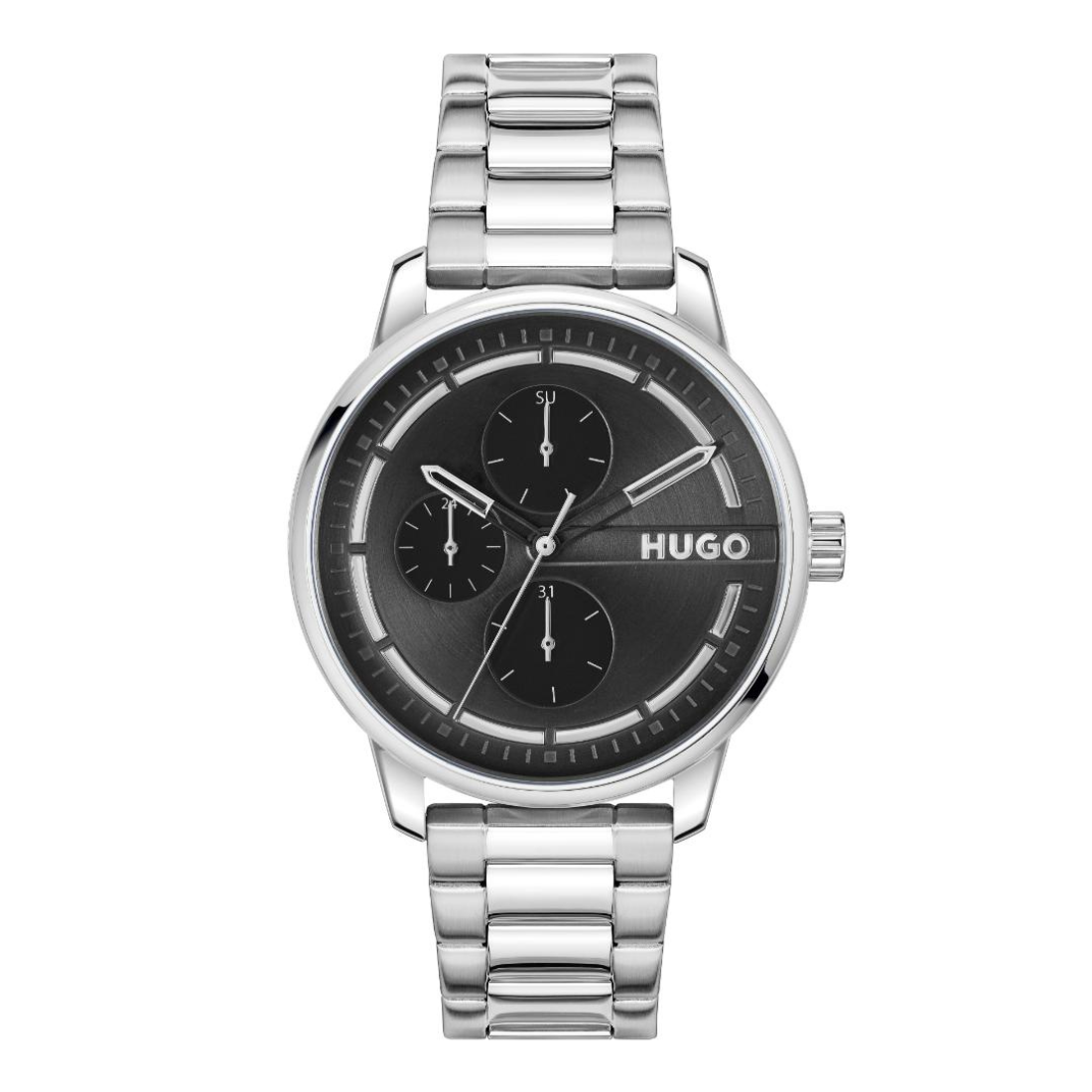 A Hugo brand men's analog watch with a silver stainless steel link bracelet, a round silver case, and a black dial featuring three sub-dials and silver hands.