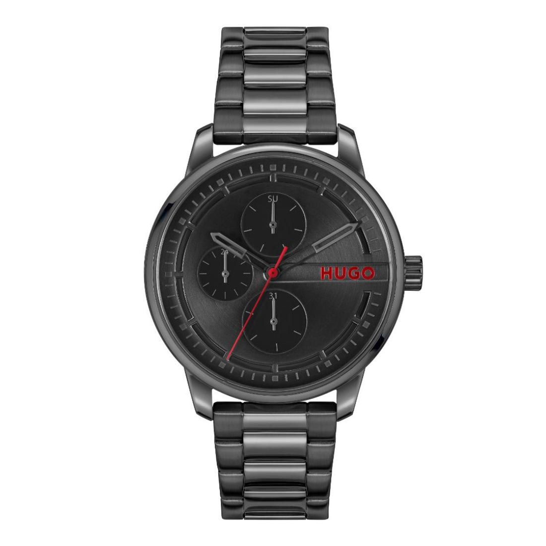 A Hugo watch with a dark gray and black stainless steel link bracelet, a black dial with three sub-dials, and a red second hand and brand name.